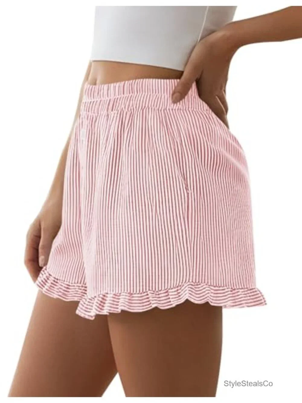 Striped Ruffle Hem Pajama Shorts with Pockets Y2K Lounge Beach Bottoms